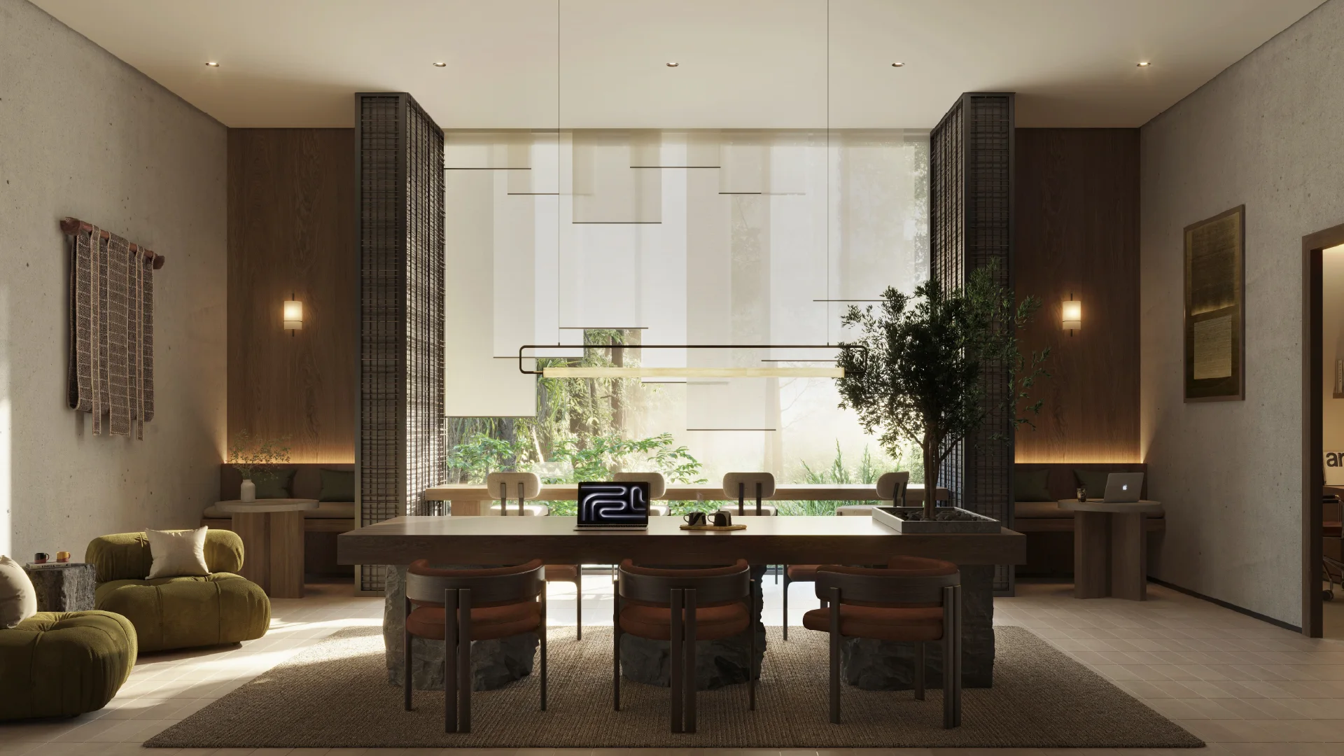 Sei Saadiyat by Aldar flexible co-working lounge with Kanso materials on Saadiyat Island, Abu Dhabi
