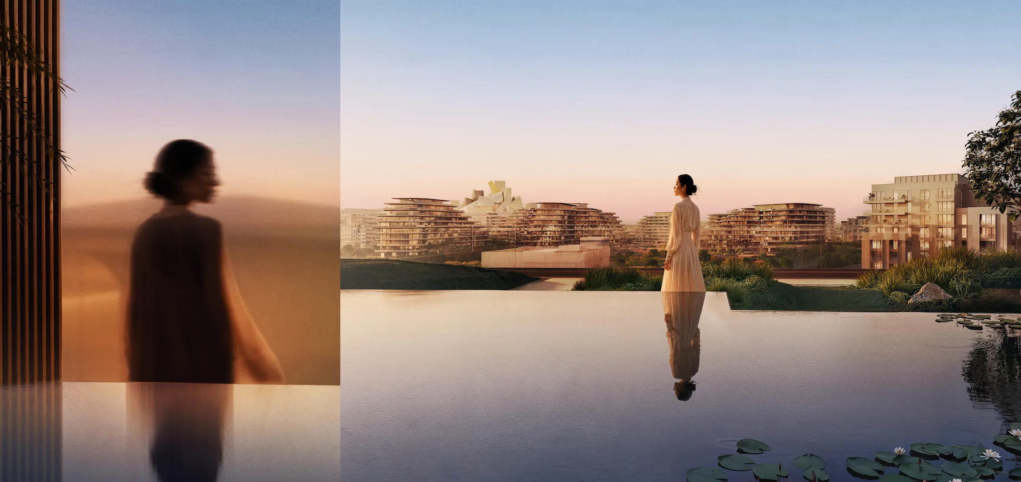 Sei Saadiyat by Aldar infinity pool with Guggenheim Abu Dhabi on the horizon across Saadiyat Island, Abu Dhabi