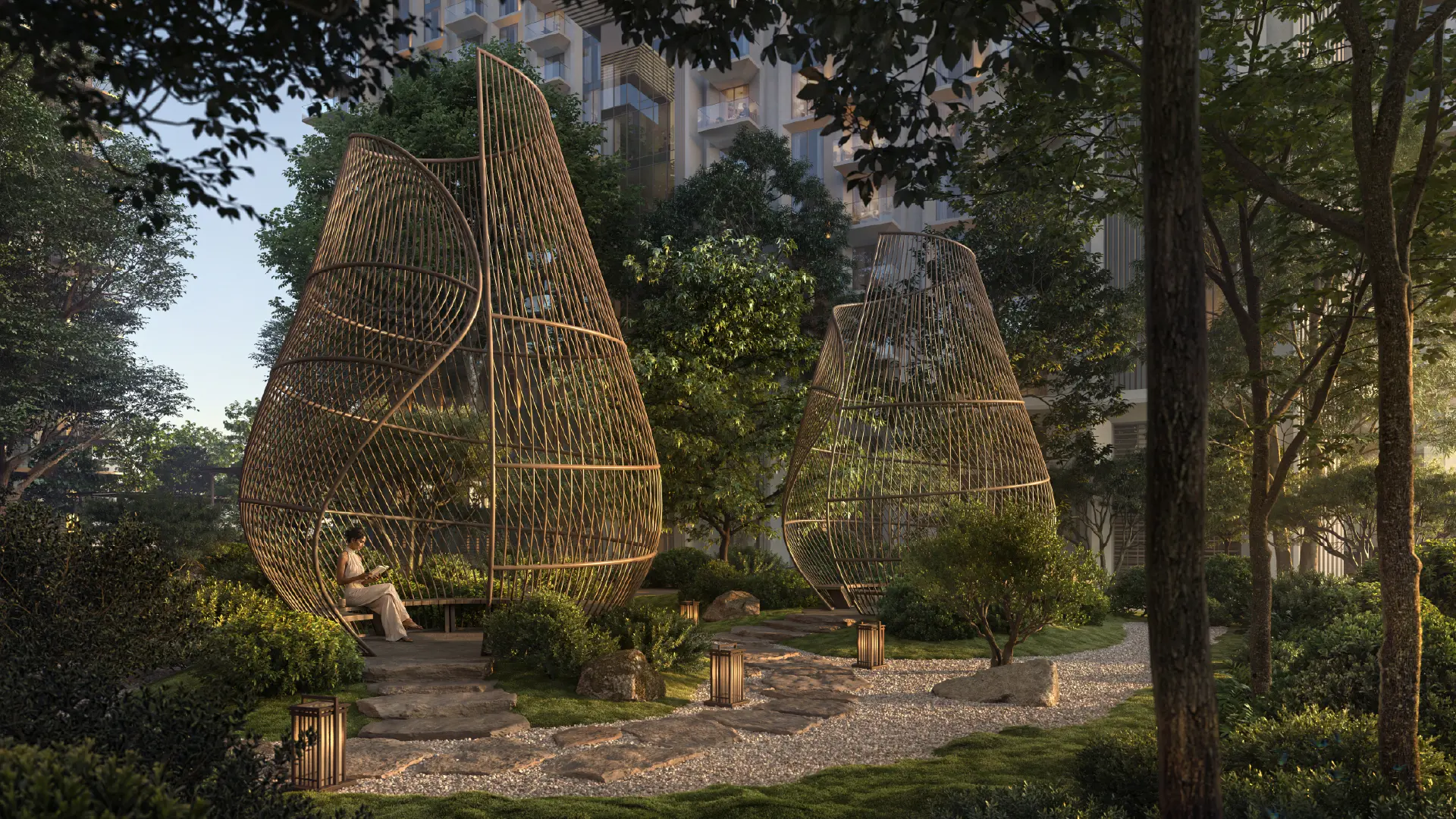 Sei Saadiyat by Aldar pod garden with woven wellness pavilions in Saadiyat Cultural District, Saadiyat Island, Abu Dhabi