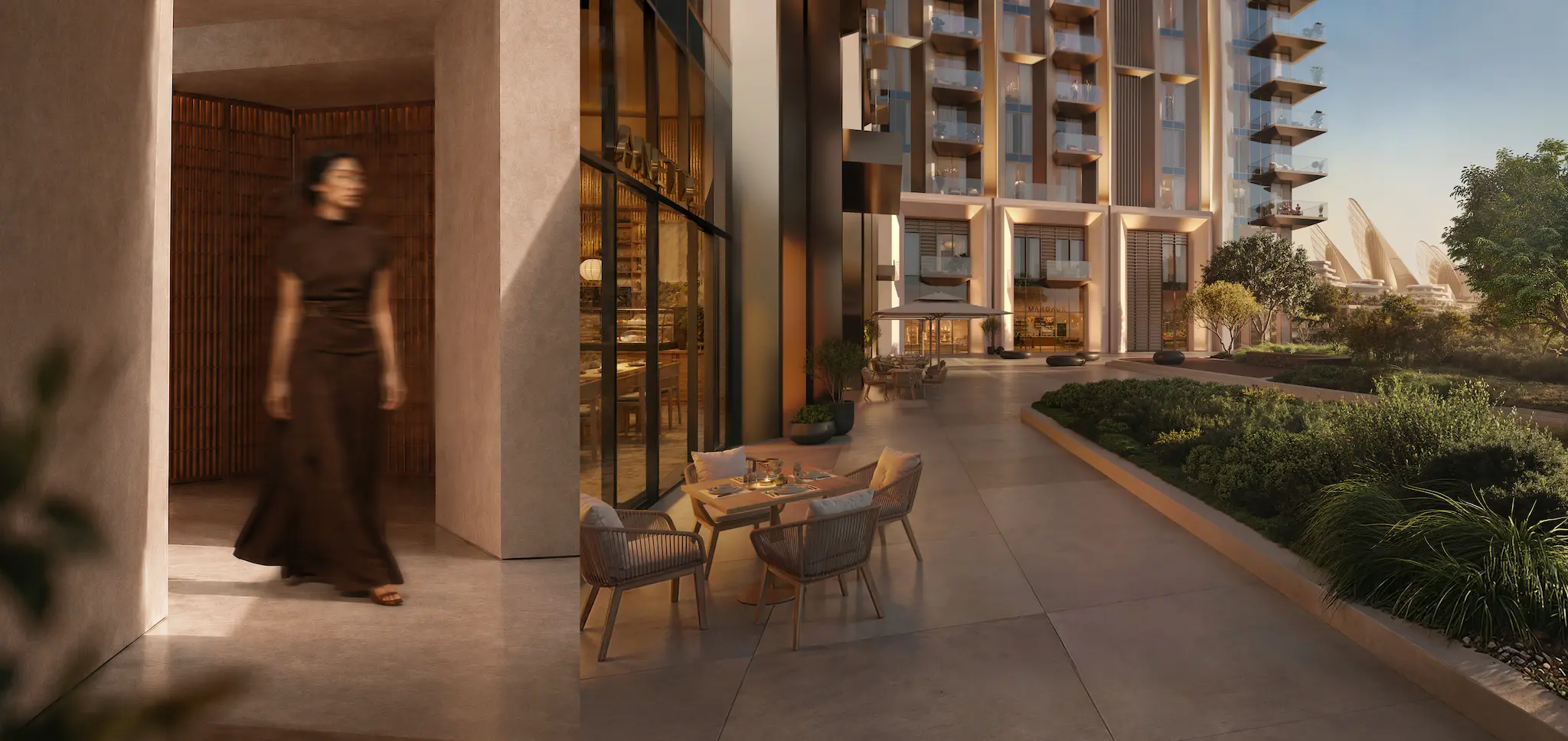 Sei Saadiyat by Aldar residences plaza with Zayed National Museum beyond in Saadiyat Cultural District, Abu Dhabi