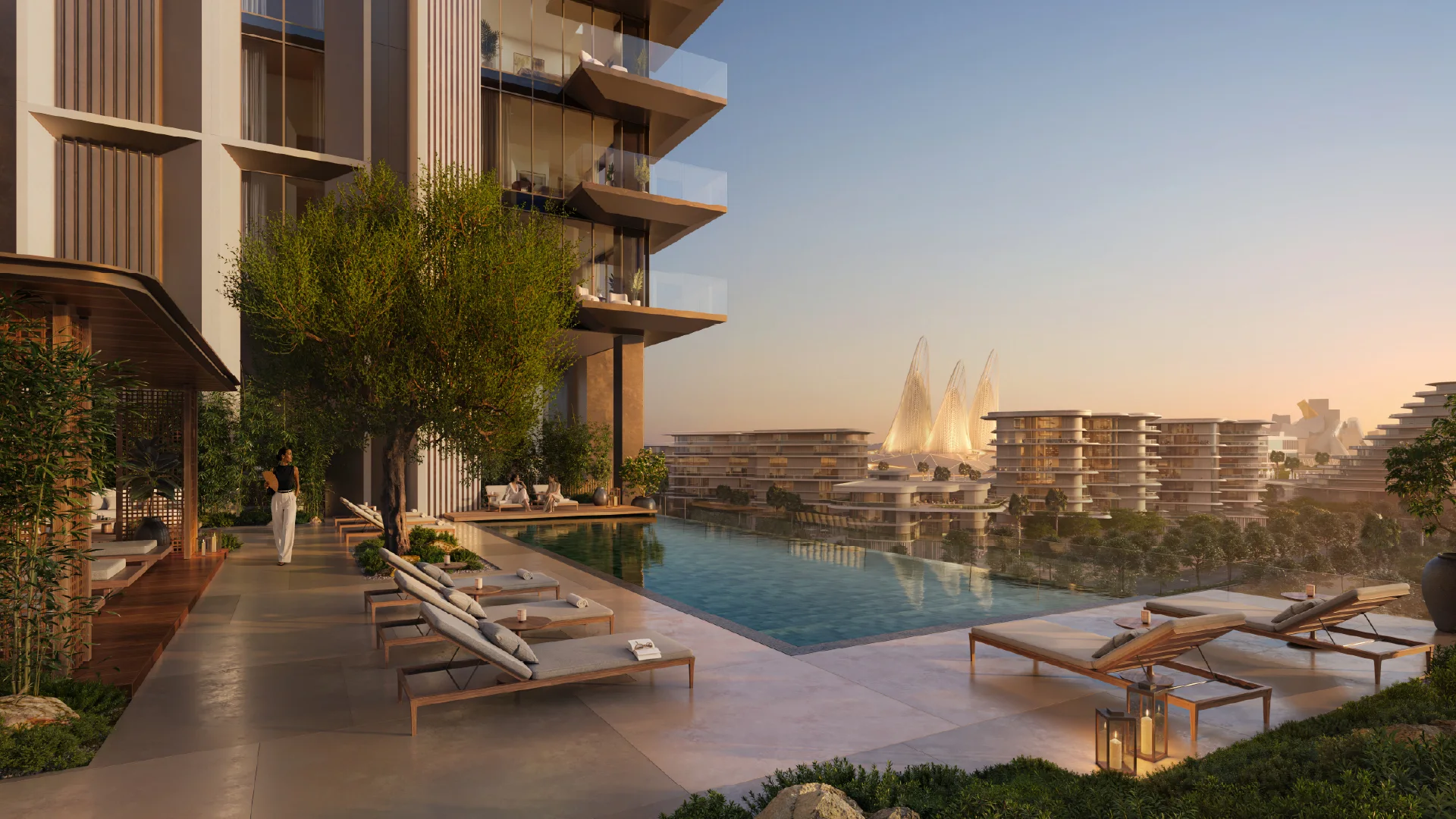Sei Saadiyat by Aldar rooftop pool looking toward Zayed National Museum in Saadiyat Cultural District, Abu Dhabi