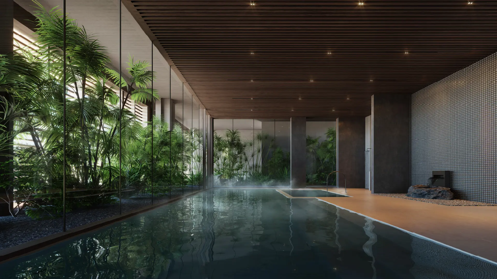 Sei Saadiyat by Aldar spa with hot and cold baths and tropical planting in the RESTORE amenities on Saadiyat Island, Abu Dhabi