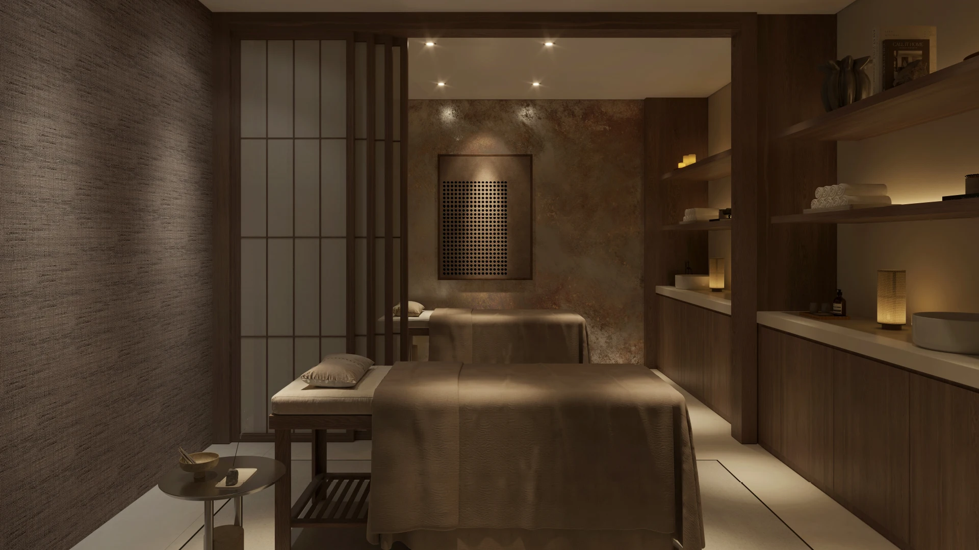 Sei Saadiyat by Aldar spa treatment and massage room with dark wood finishes in Saadiyat Cultural District, Abu Dhabi