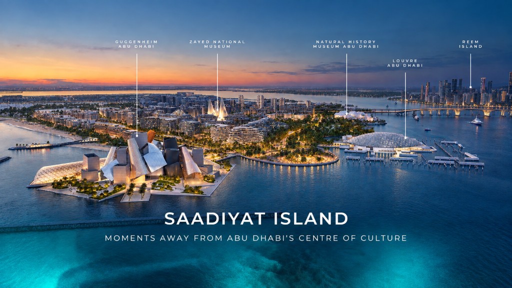 Map-style view of Saadiyat Cultural District landmarks near Sei Saadiyat by Aldar — Louvre Abu Dhabi, Zayed National Museum and Guggenheim Abu Dhabi on Saadiyat Island, Abu Dhabi