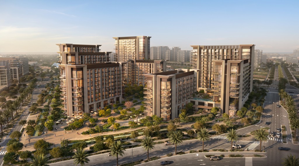 Sunny aerial of Sei Saadiyat by Aldar mid-rise luxury apartments around a landscaped courtyard on Saadiyat Island, Abu Dhabi