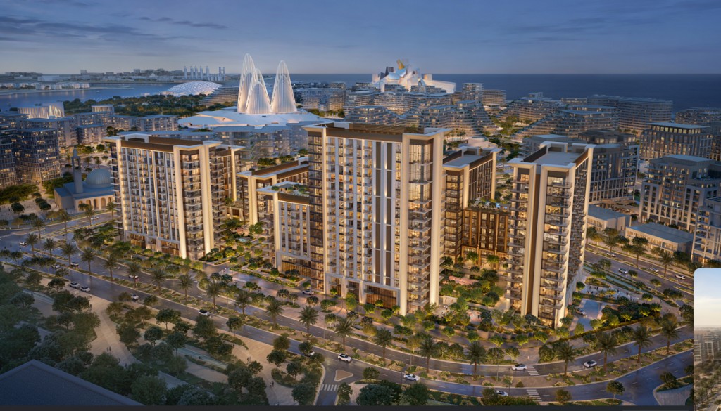 Aerial dusk view of Sei Saadiyat by Aldar residences with Zayed National Museum and Guggenheim Abu Dhabi beyond in Saadiyat Cultural District, Abu Dhabi