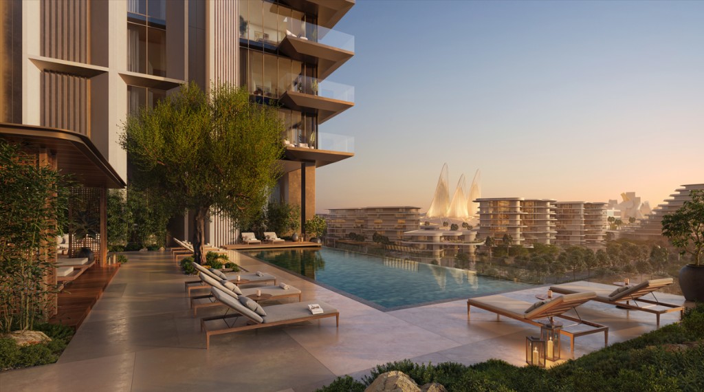 Sei Saadiyat by Aldar rooftop infinity pool terrace with Zayed National Museum view at golden hour in Saadiyat Cultural District, Saadiyat Island, Abu Dhabi